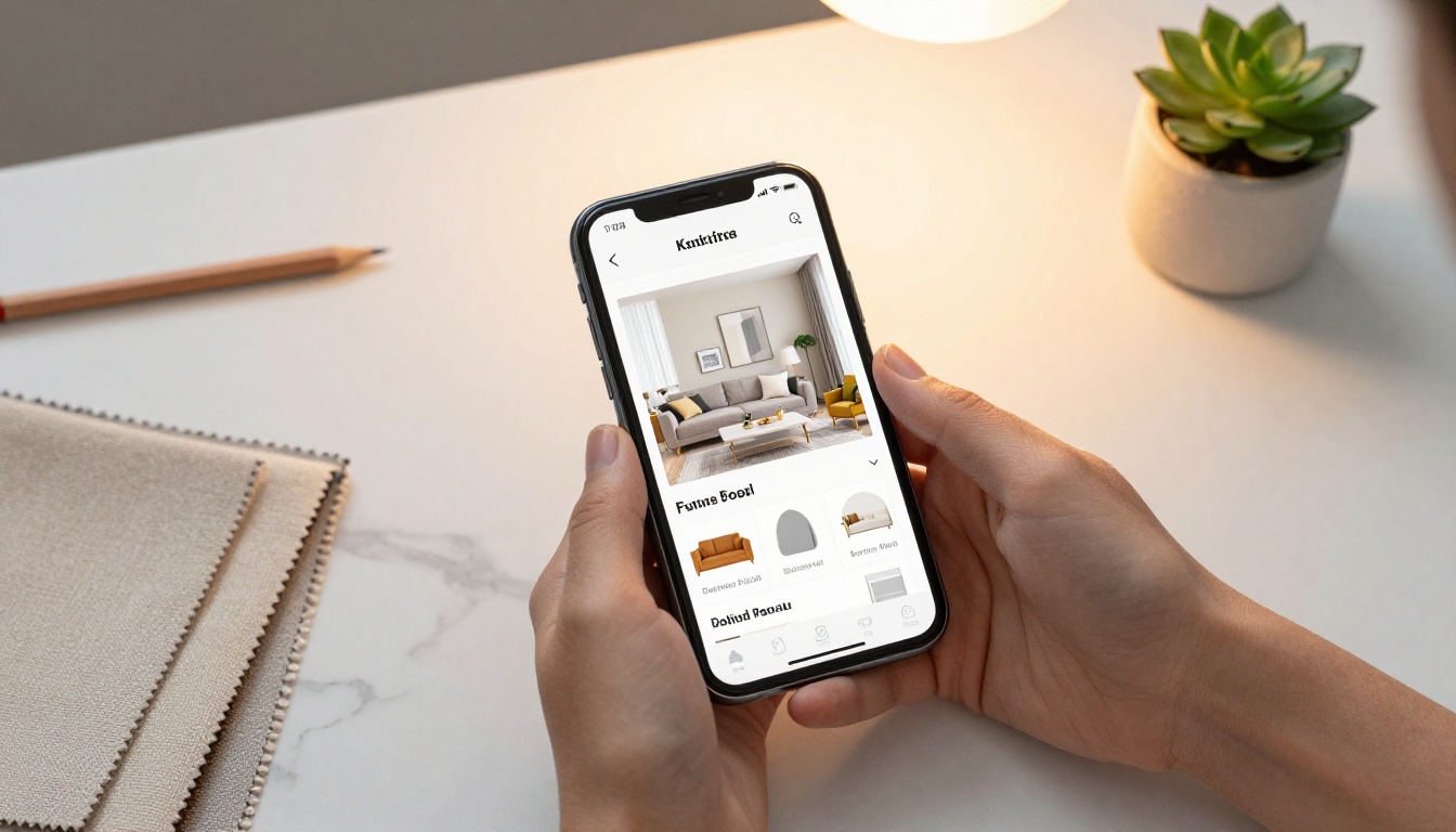 Aerial view of furniture catalog browsing with fabric swatches