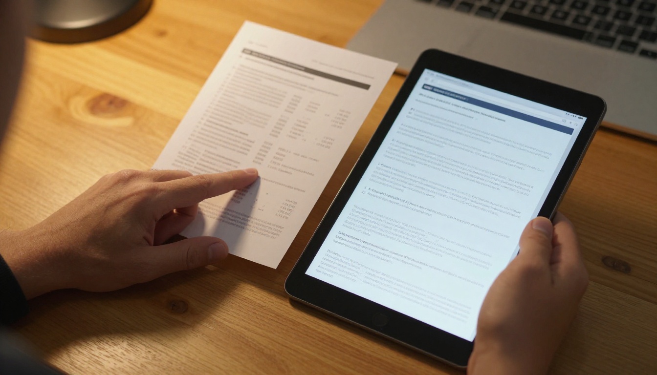 Small business owner comparing a printed catalog with a digital tablet version side by side Small business owner comparing a printed catalog with a digital tablet version side by side