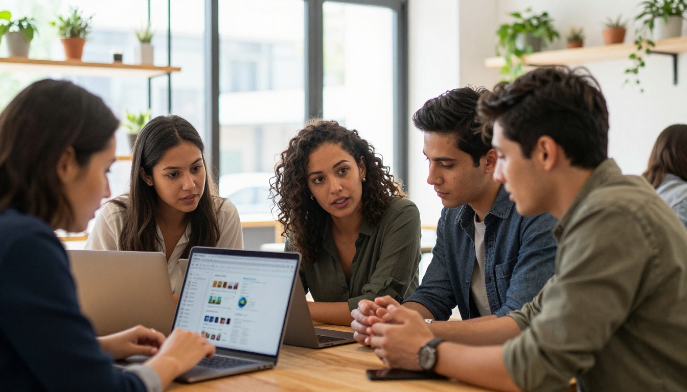 Group of small business owners gathered around a laptop reviewing and discussing a digital catalog together Group of small business owners gathered around a laptop reviewing and discussing a digital catalog together