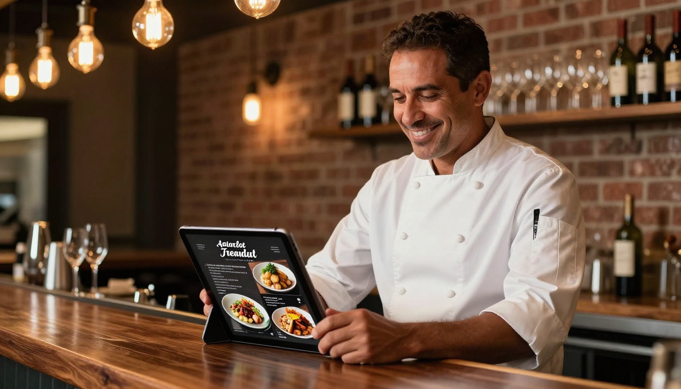 Restaurant owner showing digital menu on tablet