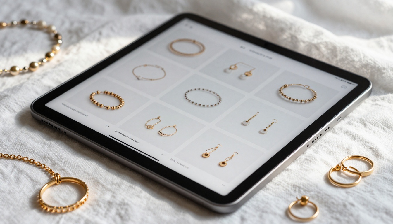 Close-up of a digital accessories catalog on a tablet screen showing handmade jewelry items beautifully arranged Close-up of a digital accessories catalog on a tablet screen showing handmade jewelry items beautifully arranged