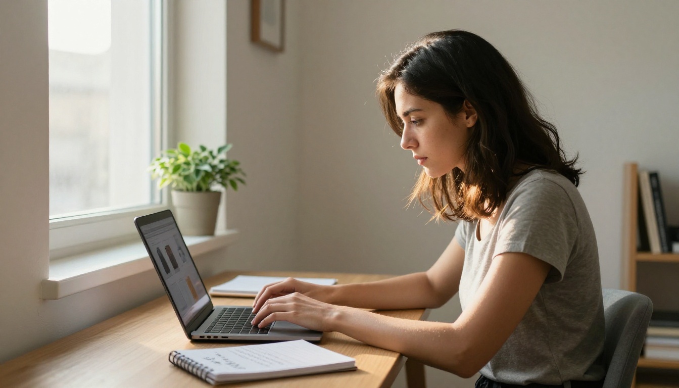 Side profile of a focused woman working on a laptop creating a catalog in a bright home office Side profile of a focused woman working on a laptop creating a catalog in a bright home office