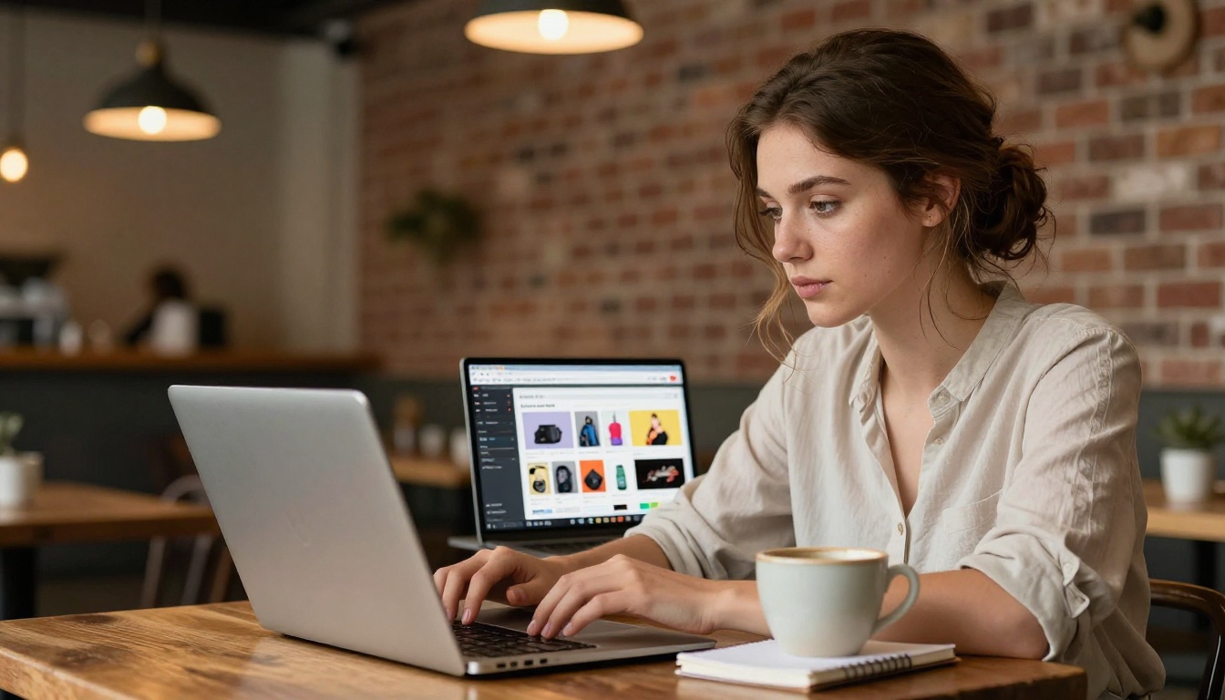 An entrepreneur building a catalog on her laptop at a cafe