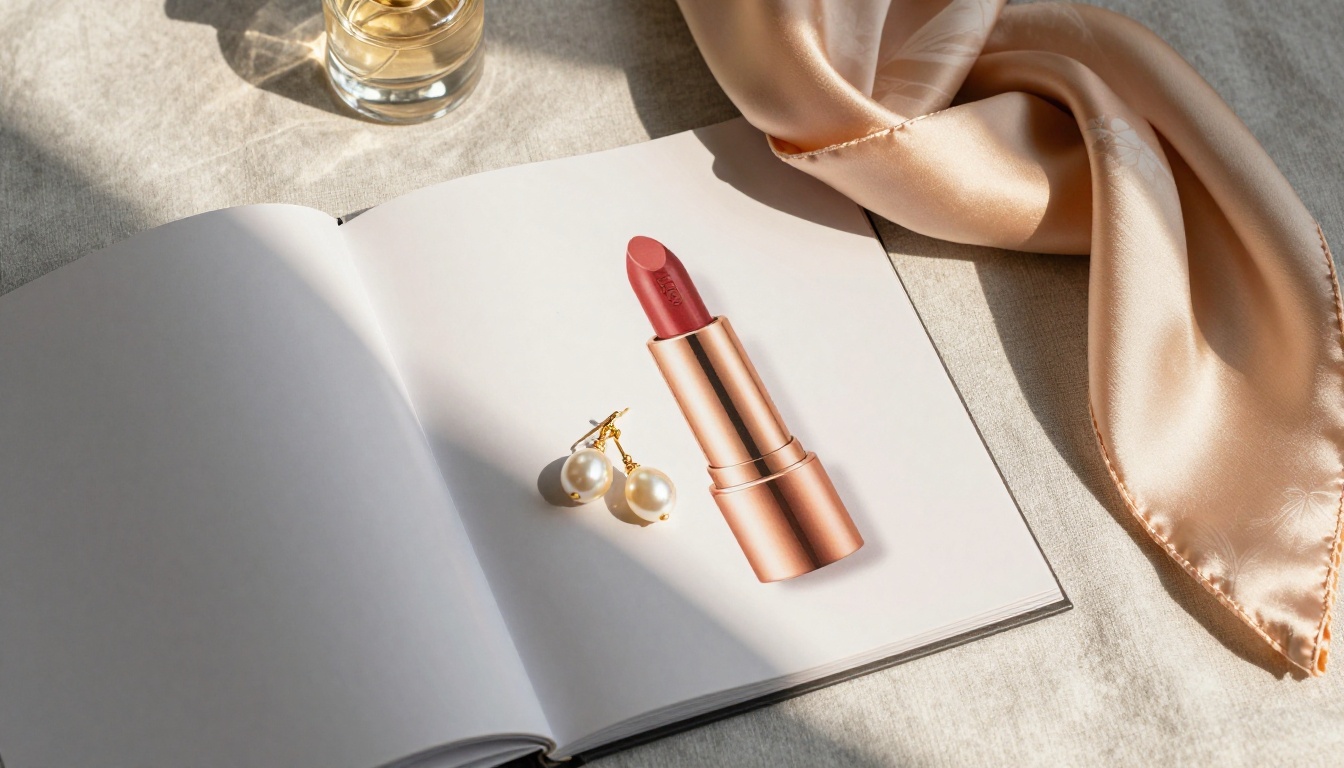 Cosmetics and beauty products flat lay catalog spread
