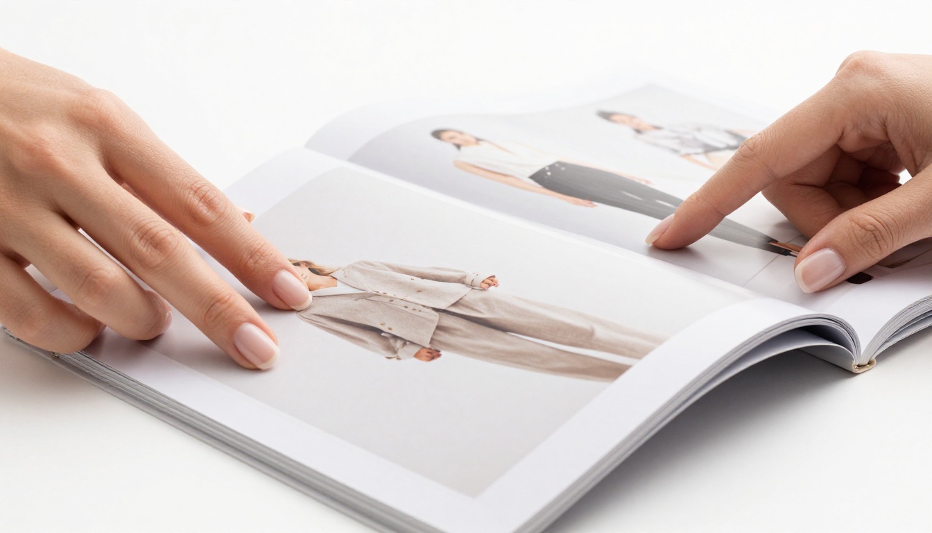 Catalog pages turning mid-air showing product layouts