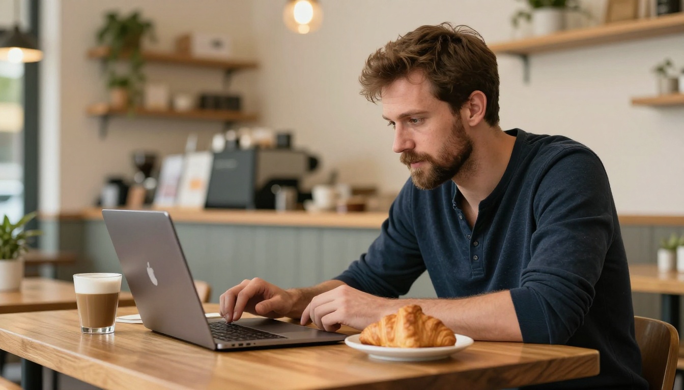 Small business owner showing a client a product flipbook on a laptop