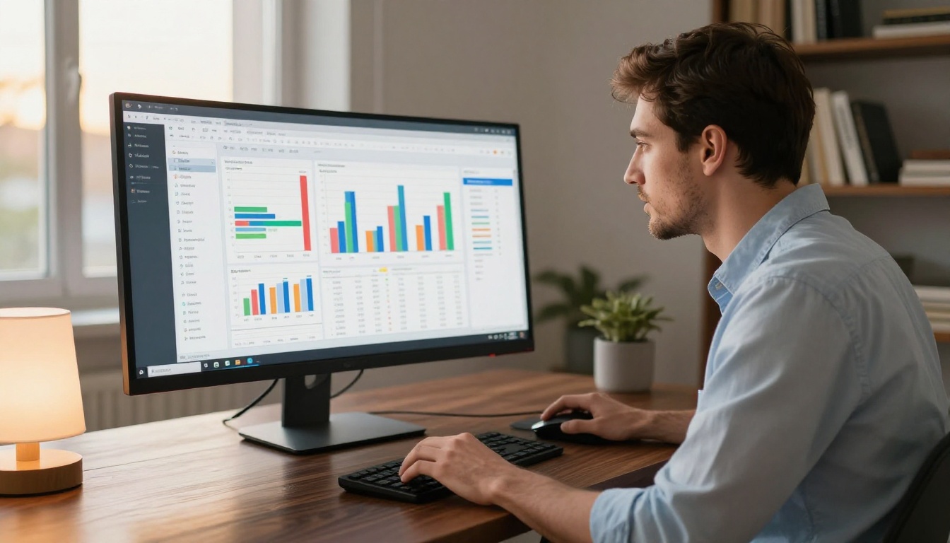 A professional reviewing catalog analytics on a large curved monitor