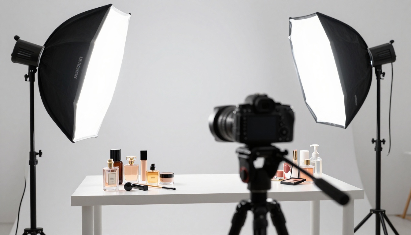 Professional product photography studio with beauty products arranged