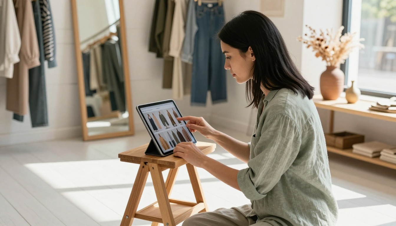 Woman browsing a digital clothing lookbook in a boutique