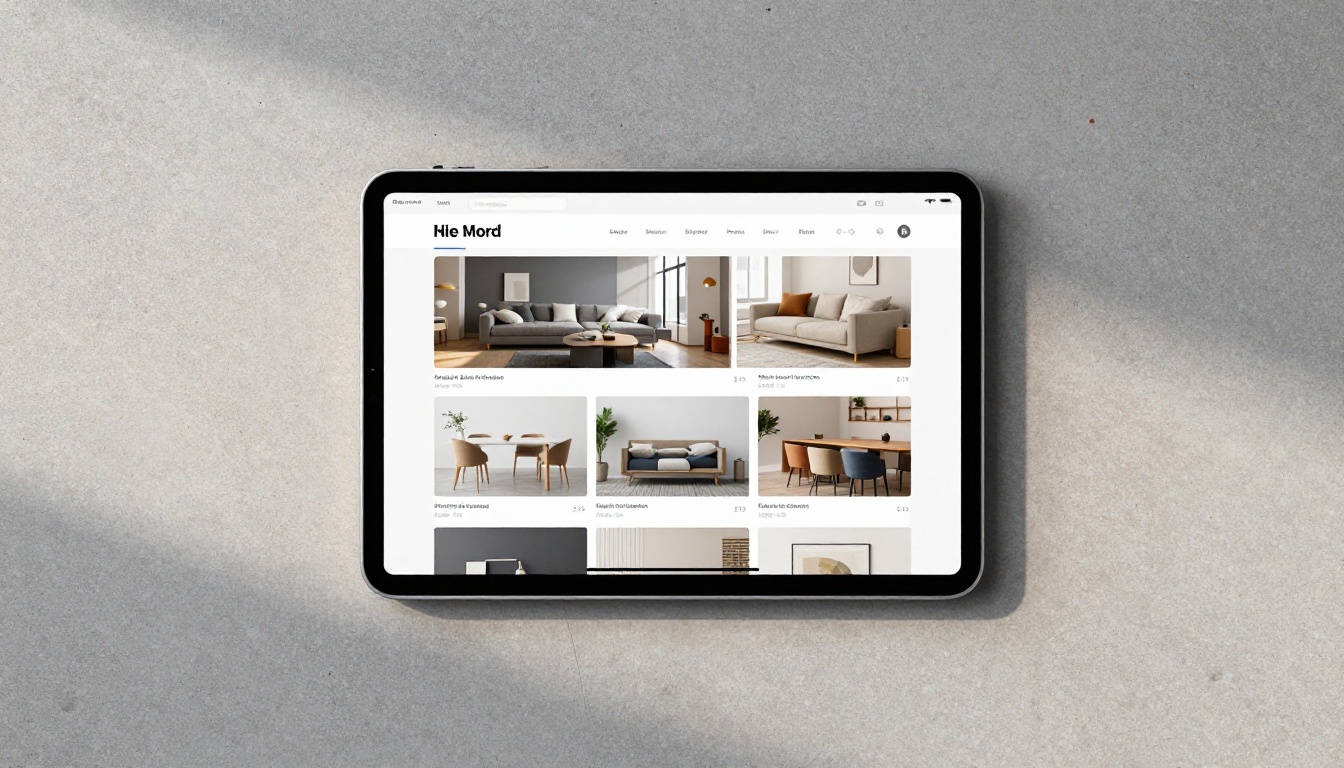 A digital catalog embedded on a tablet device, flat lay on concrete