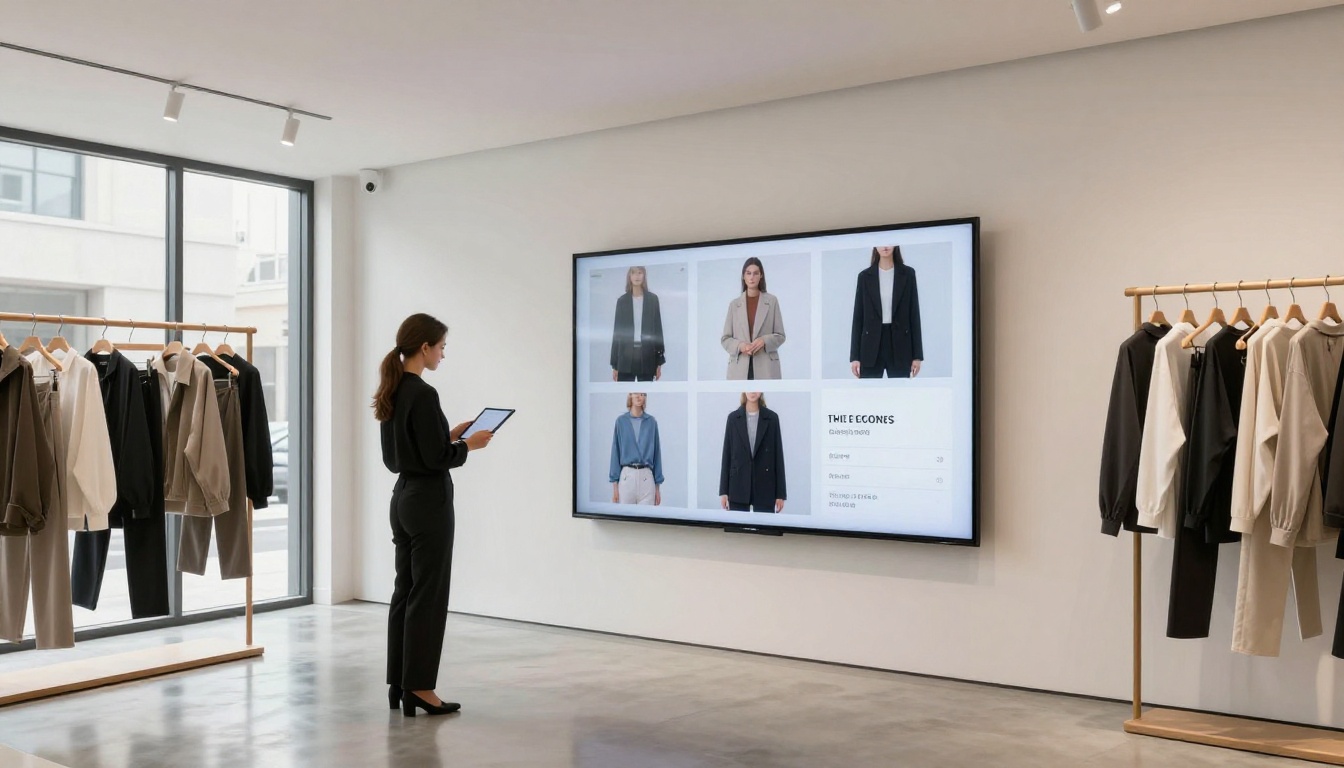 Inside a modern retail store with digital catalog display on wall