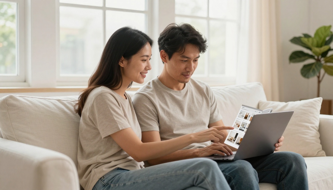 A couple browsing a home furnishings catalog on their laptop together