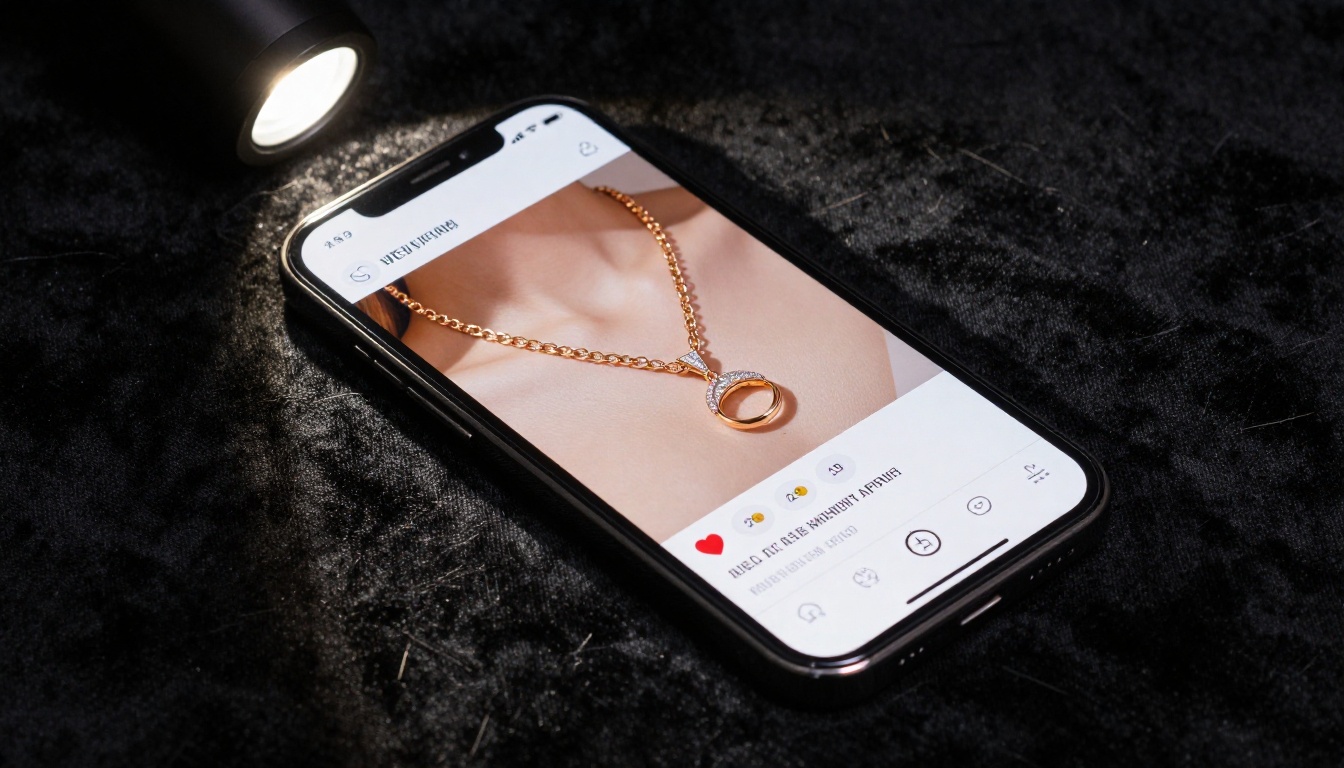 Luxury jewelry catalog on a smartphone resting on black velvet