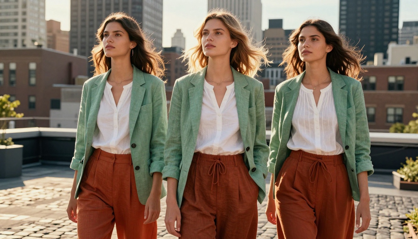 Three fashion models in coordinated summer collection on a Manhattan rooftop at golden hour Three fashion models in coordinated summer collection on a Manhattan rooftop at golden hour