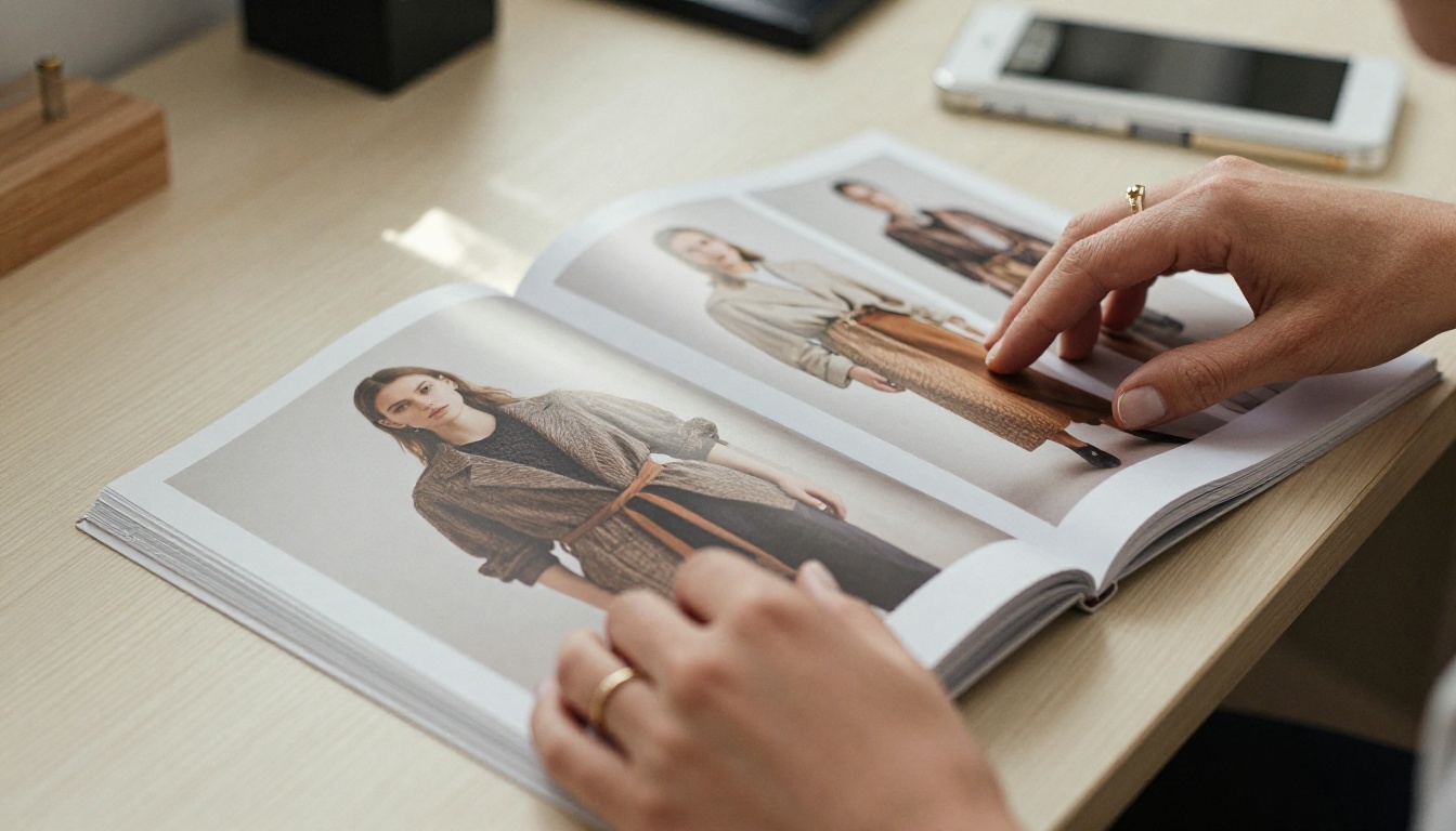 Close-up of hands arranging a printed fashion lookbook on a light oak desk with natural window light Close-up of hands arranging a printed fashion lookbook on a light oak desk with natural window light