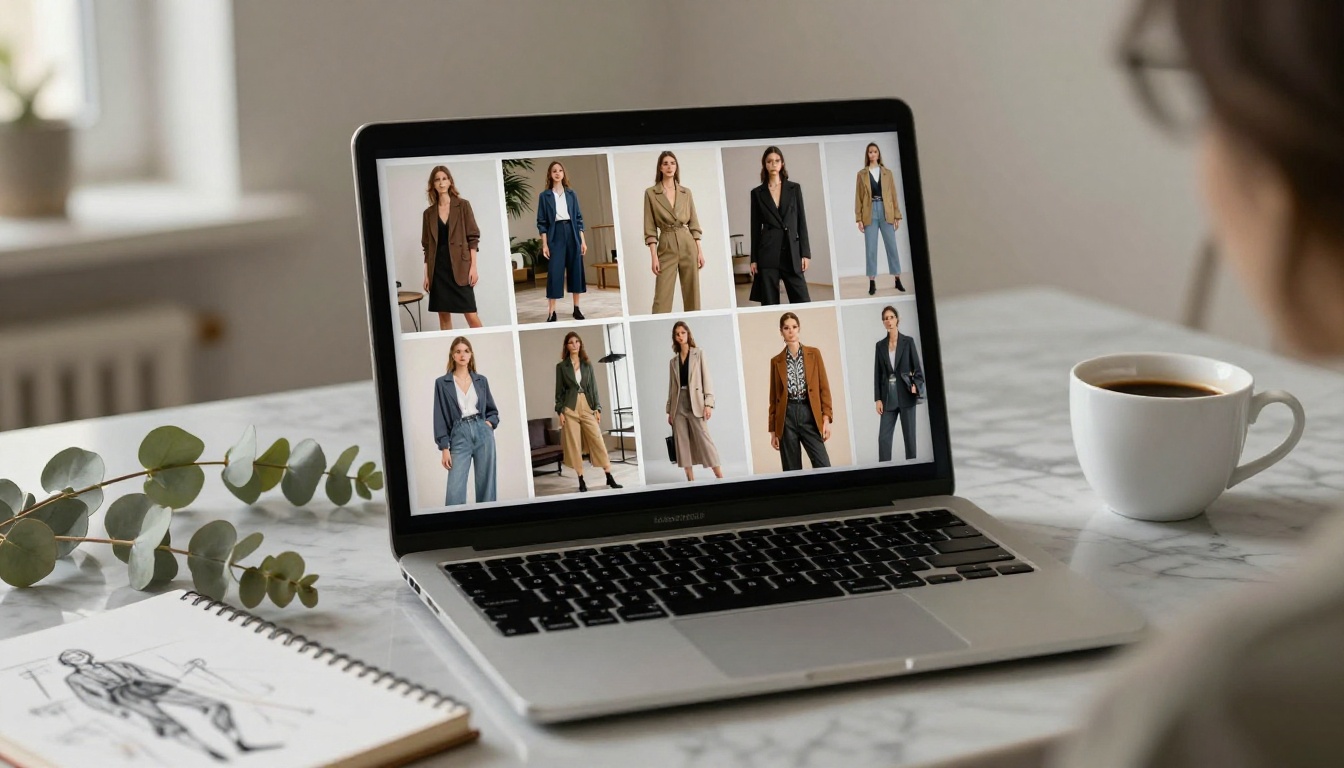 A laptop screen displaying a digital flipbook interface with fashion photography on a marble desk with eucalyptus and coffee A laptop screen displaying a digital flipbook interface with fashion photography on a marble desk with eucalyptus and coffee