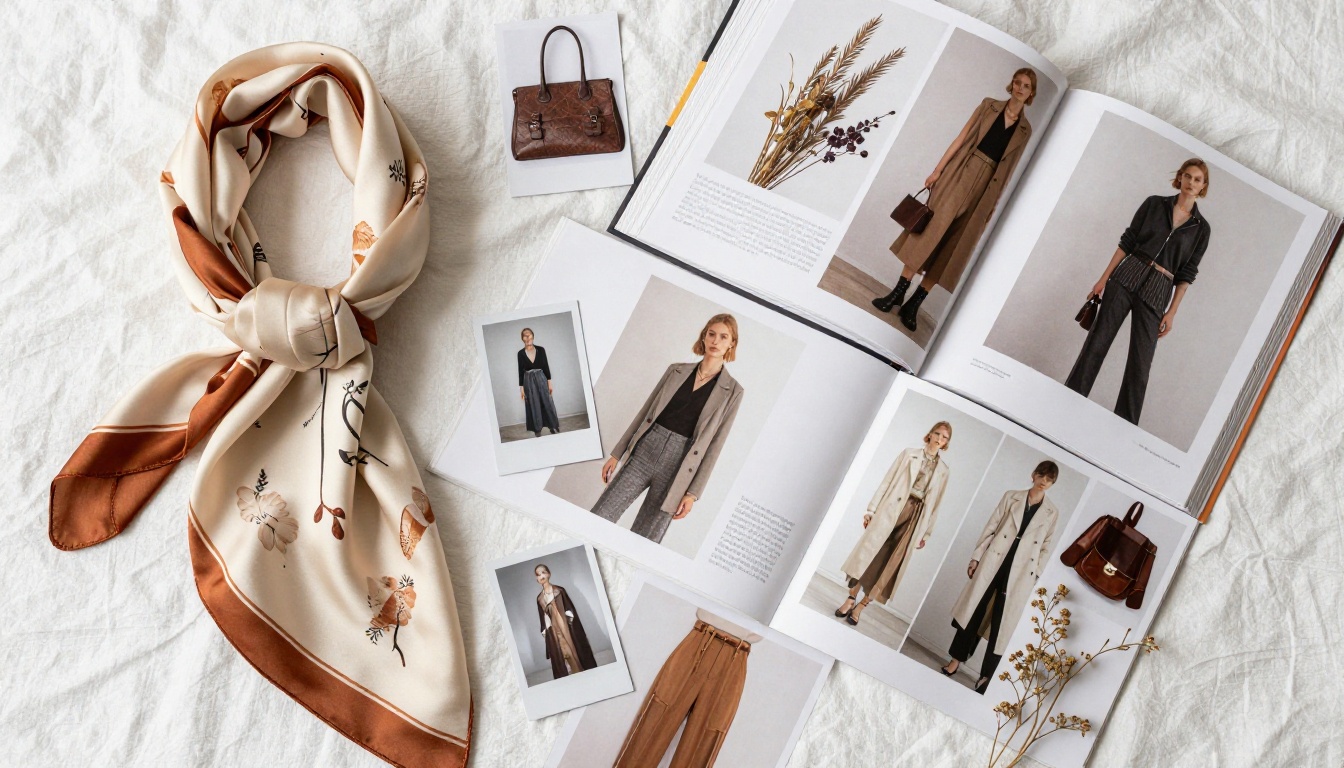 Aerial flat-lay of fashion lookbook pages spread across white linen with silk scarves, leather accessories and dried botanicals Aerial flat-lay of fashion lookbook pages spread across white linen with silk scarves, leather accessories and dried botanicals