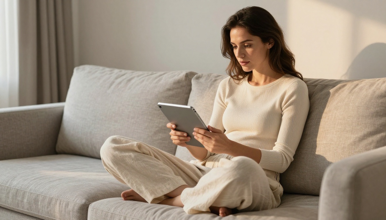 A stylish woman in cream linen trousers on a grey sofa scrolling through a fashion flipbook on her tablet in afternoon light A stylish woman in cream linen trousers on a grey sofa scrolling through a fashion flipbook on her tablet in afternoon light
