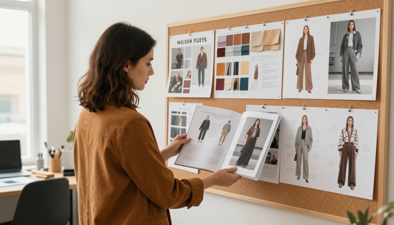 Fashion designer in a bright studio with mood boards, fabric swatches and seasonal lookbook open to a streetwear spread Fashion designer in a bright studio with mood boards, fabric swatches and seasonal lookbook open to a streetwear spread
