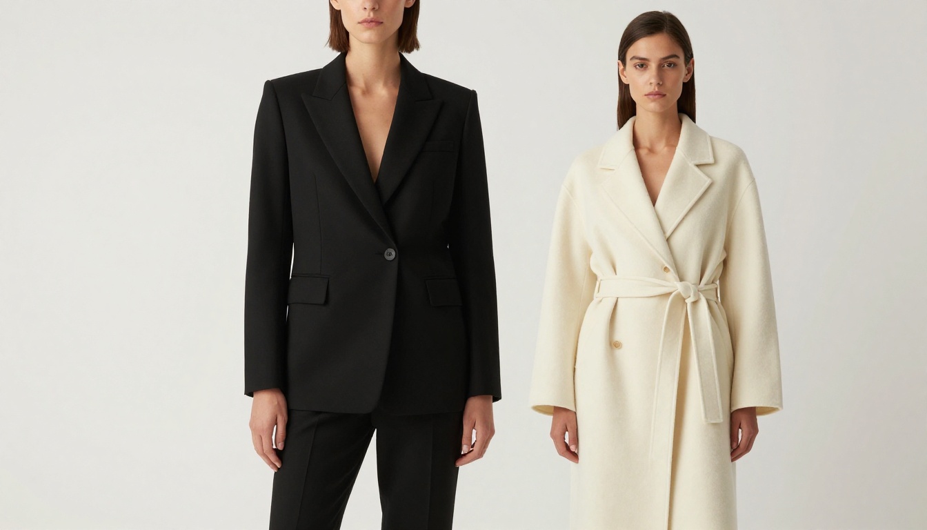 Two fashion models in complementary editorial outfits, black tailored pantsuit and cream oversized coat, against white studio backdrop Two fashion models in complementary editorial outfits, black tailored pantsuit and cream oversized coat, against white studio backdrop