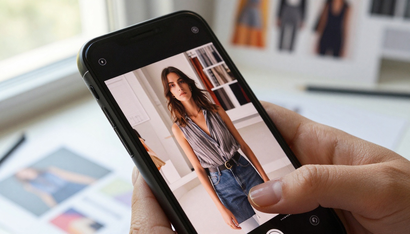 Close-up of a smartphone screen showing a fashion lookbook being shared digitally, held in a manicured hand with studio workspace behind Close-up of a smartphone screen showing a fashion lookbook being shared digitally, held in a manicured hand with studio workspace behind
