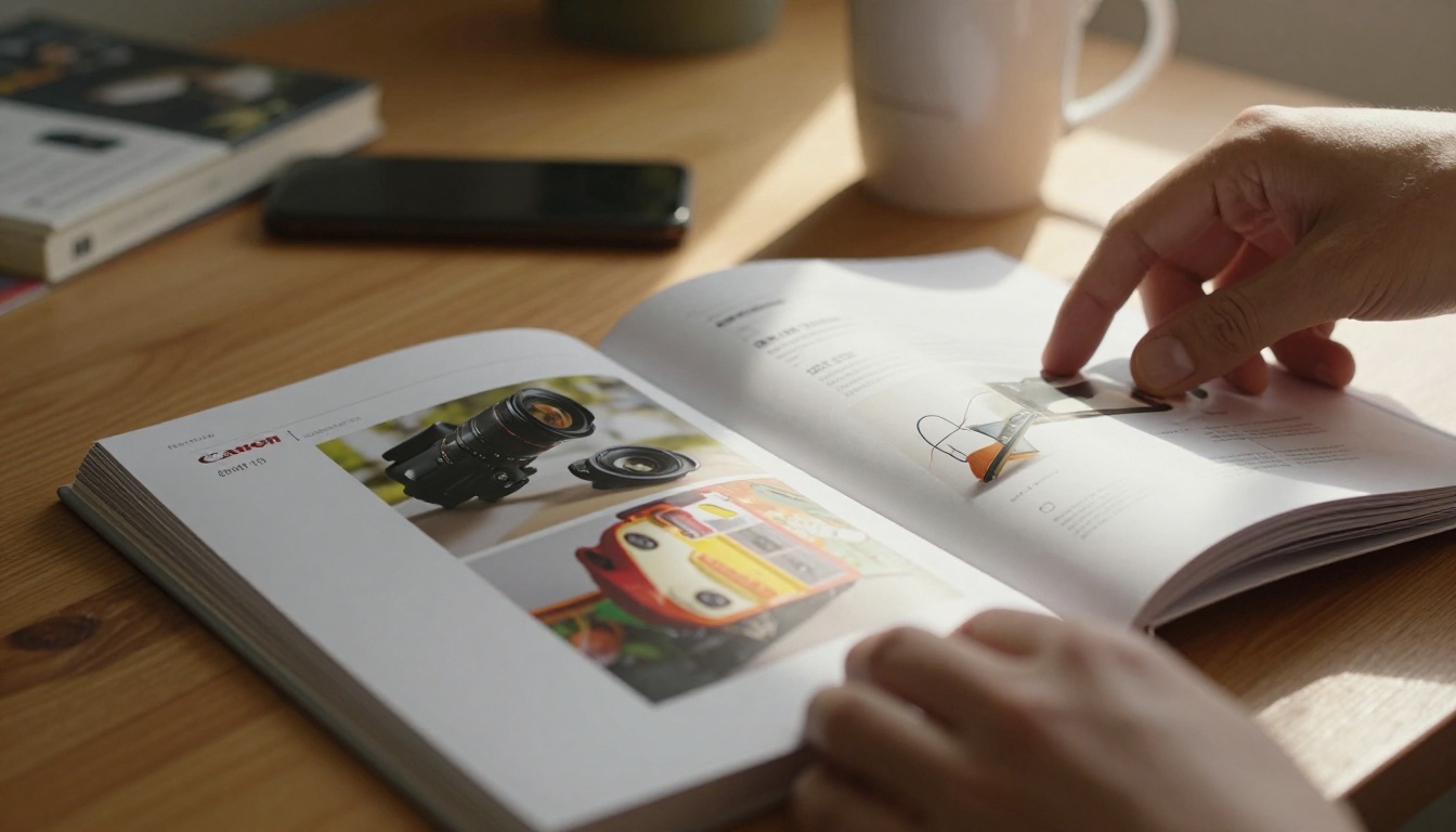 Hands flipping through a product catalog on a wooden desk with warm natural window light