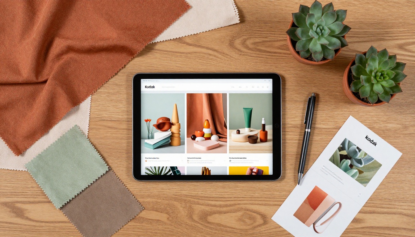 Aerial overhead flat lay of a retail workspace with a tablet displaying a digital catalog mid-flip