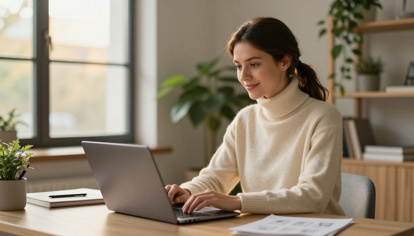 Young professional woman browsing a digital product catalog on a laptop in a Scandinavian home office