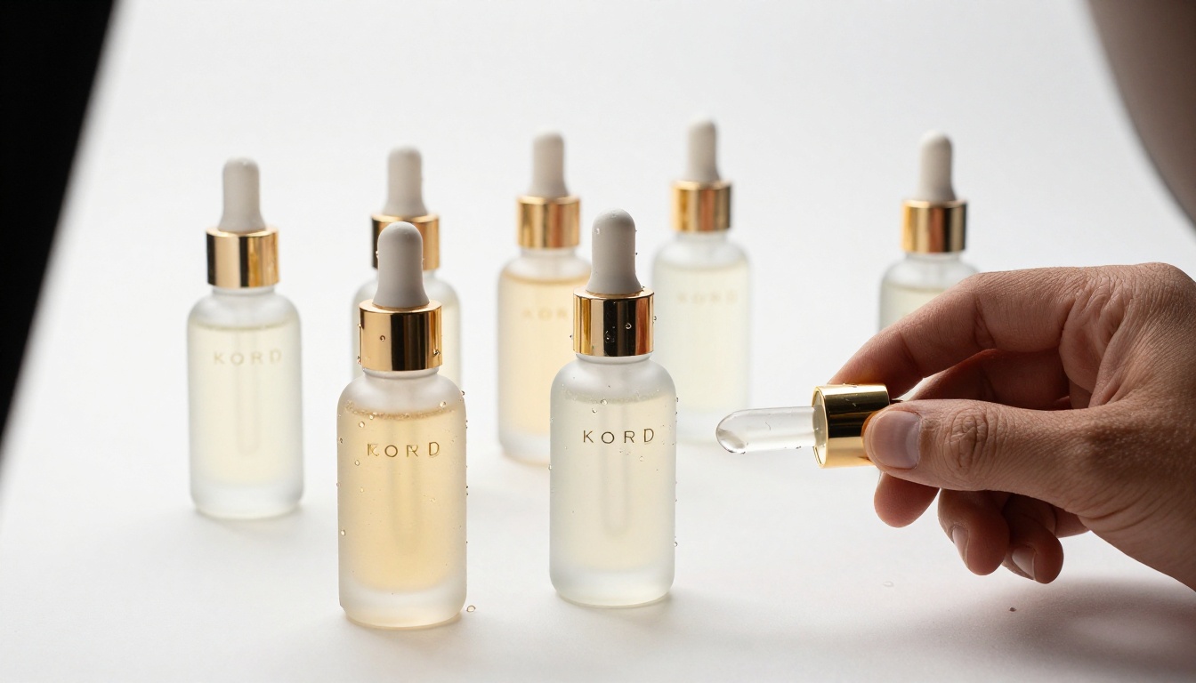 Product photographer arranging luxury skincare bottles for a studio catalog shoot