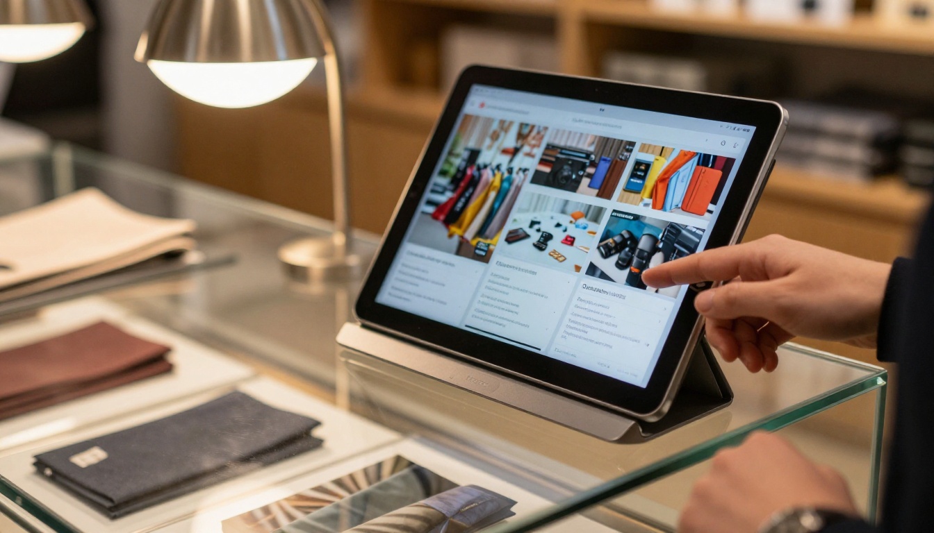 iPad mounted at a retail counter on an aluminum stand showing a digital catalog with customers interacting