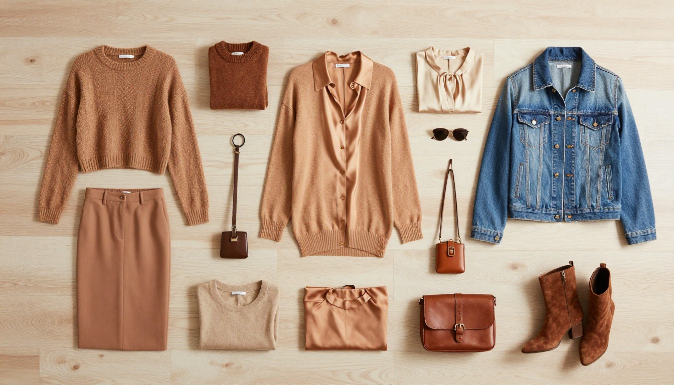 Aerial flat lay of women's fashion clothing collection for seasonal catalog photography