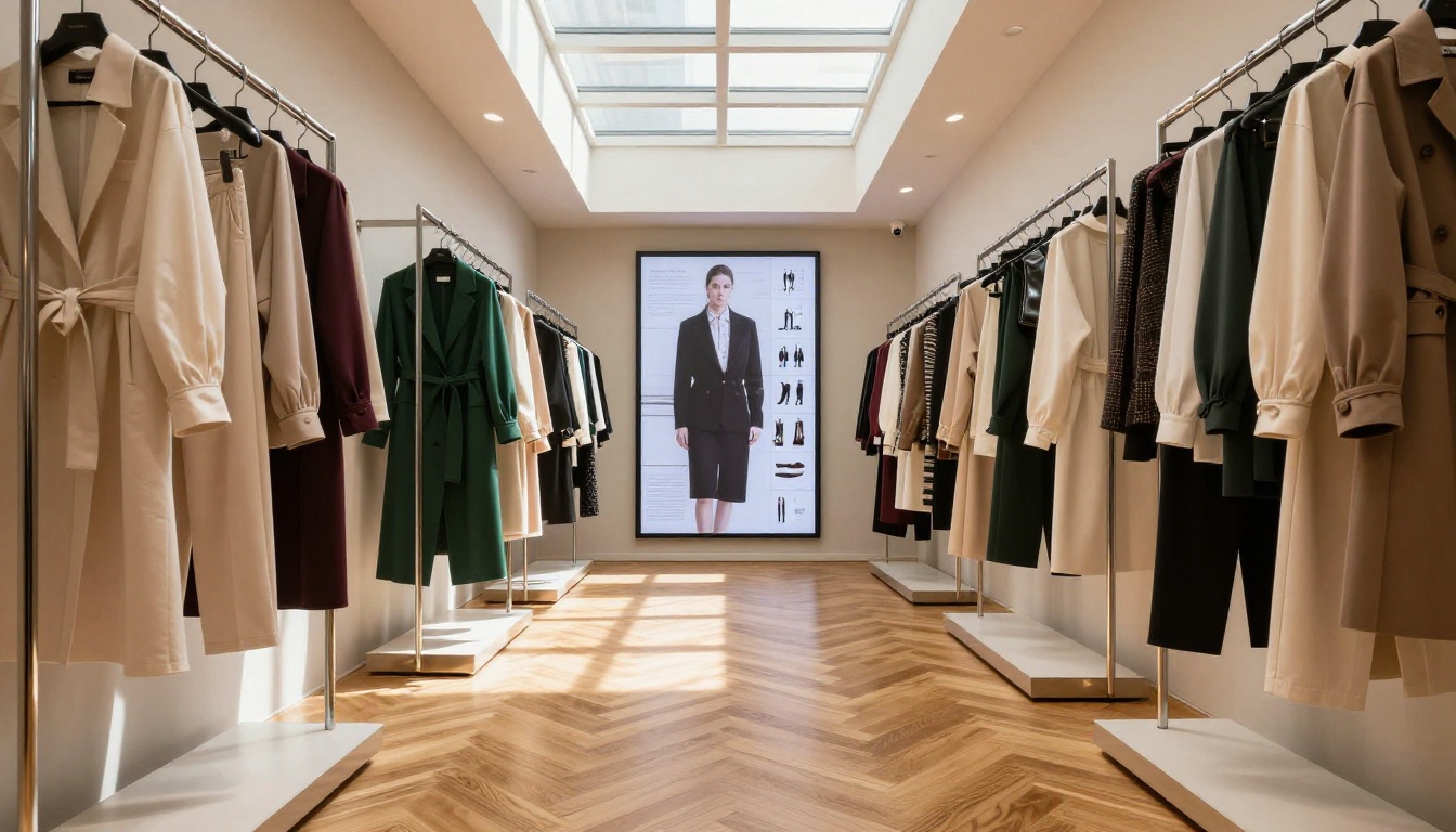 Low-angle view inside a fashion boutique with clothing racks and digital catalog display on far wall