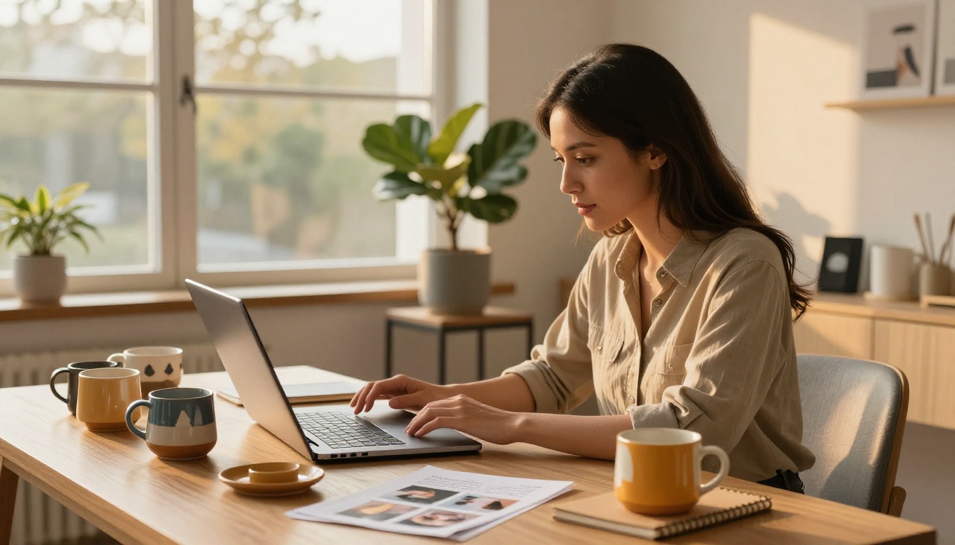 E-commerce business owner uploading product photos to laptop to build digital catalog