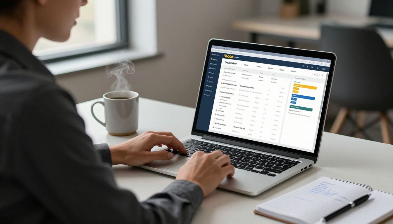 Retail store manager reviewing analytics and digital catalog on a laptop at a clean modern desk