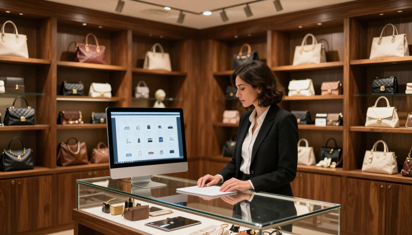 Boutique store owner reviewing digital product catalog on iMac in a well-lit retail store