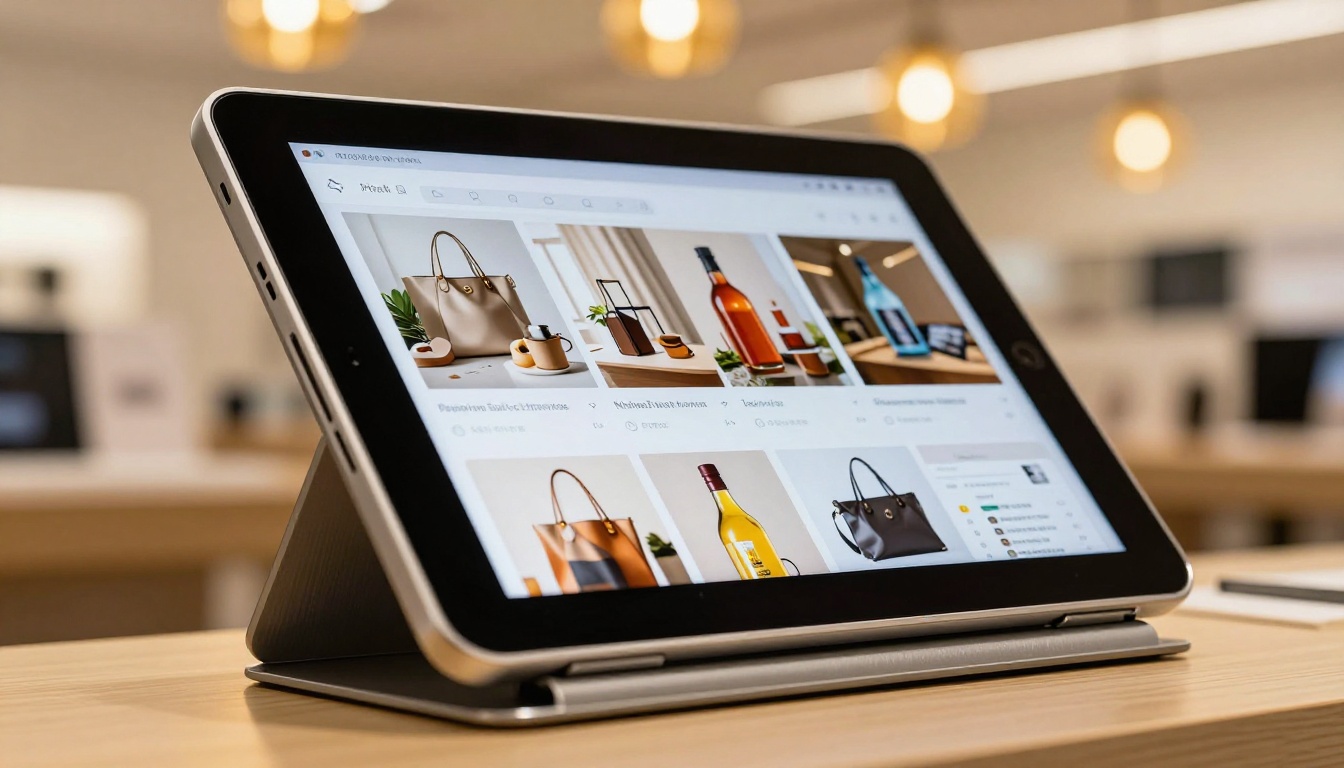 Premium retail display tablet on brushed aluminum stand showing a catalog with page corner curl animation