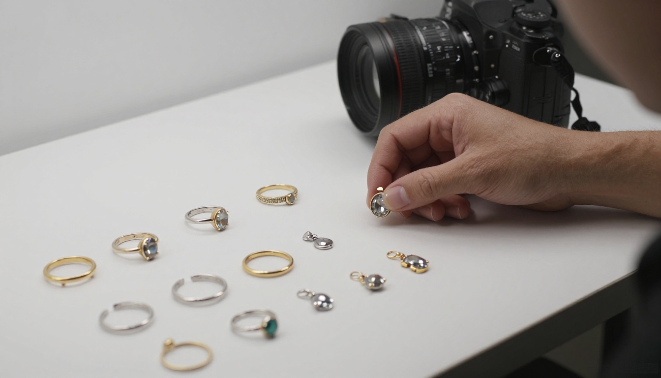 Professional photographer shooting fine jewelry pieces on white velvet for product catalog