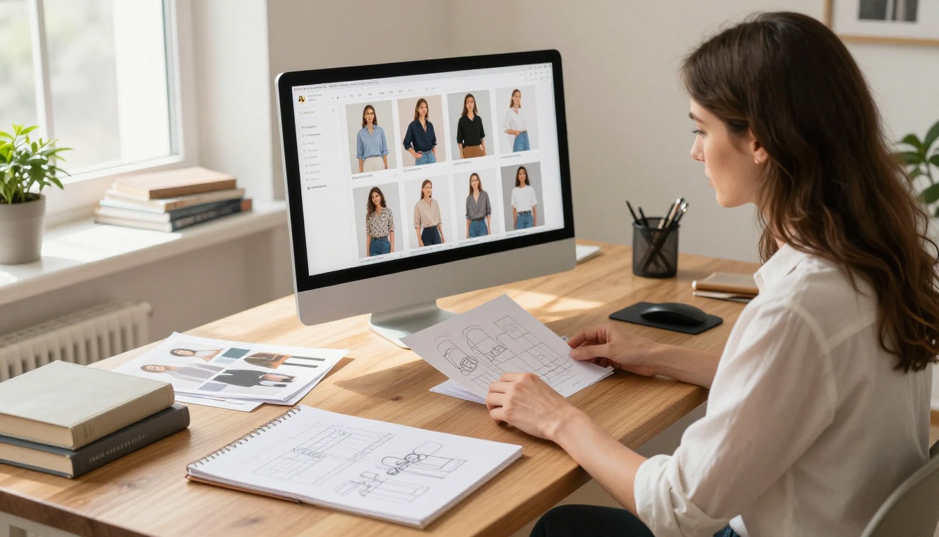 Fashion boutique owner selecting and curating product photos for digital catalog at a bright wooden desk