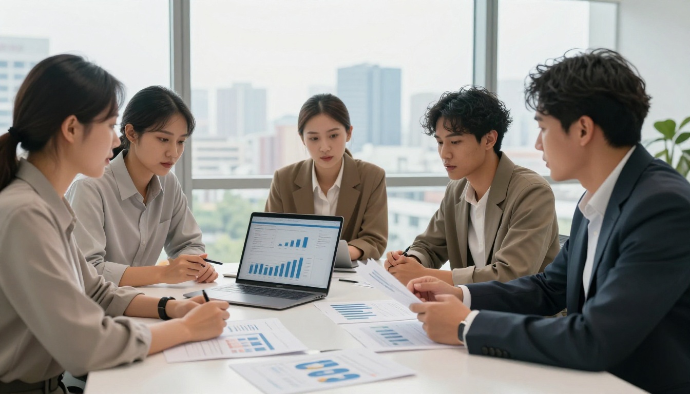 Diverse marketing team reviewing interactive catalog performance analytics together in a modern office
