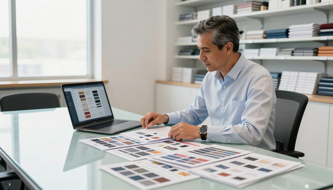 Retail business owner comparing printed brochures to digital catalog on laptop at a glass conference table