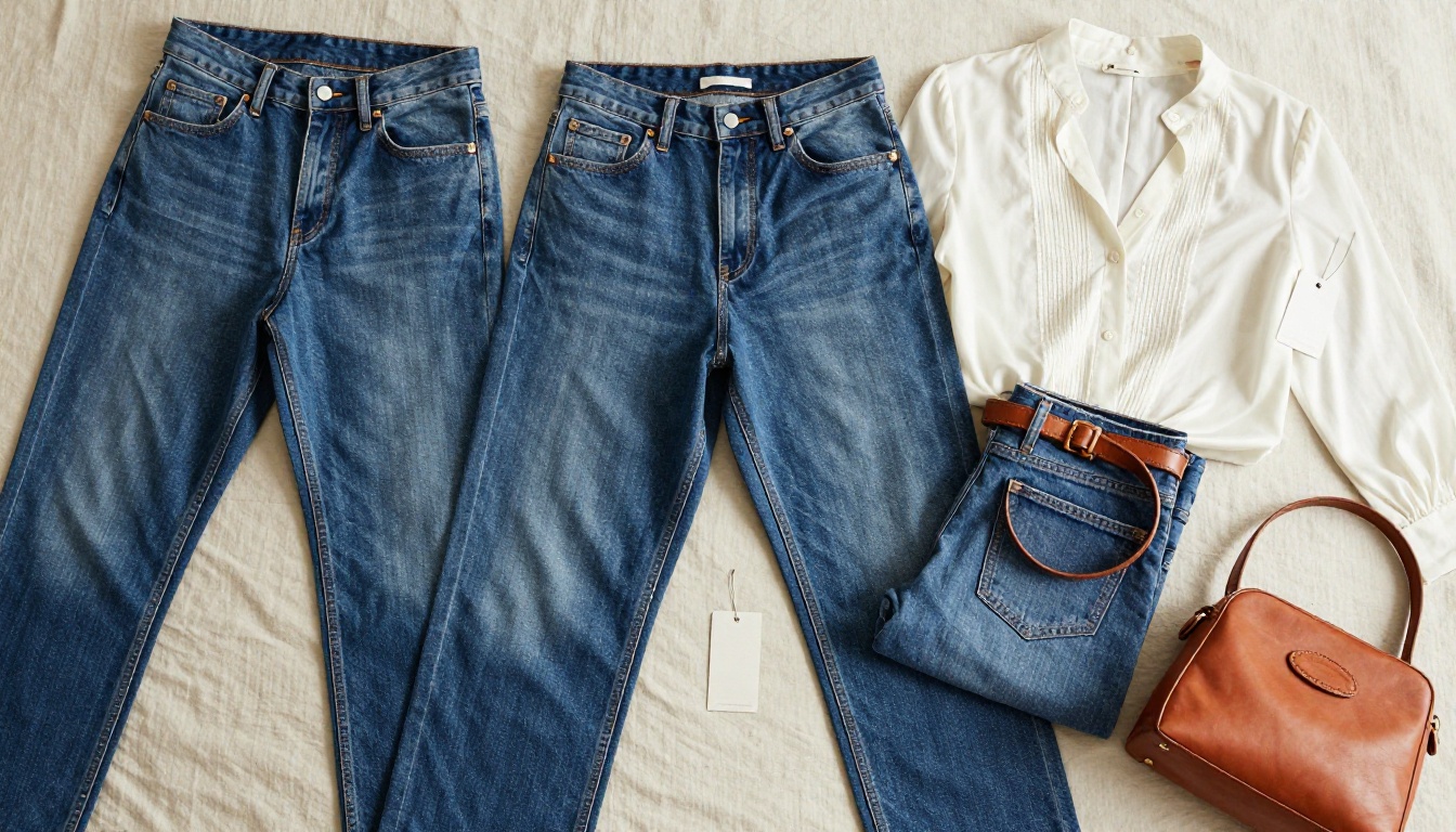 Fashion product flatlay on cream linen surface showing folded denim, silk blouse, and leather accessories in detail