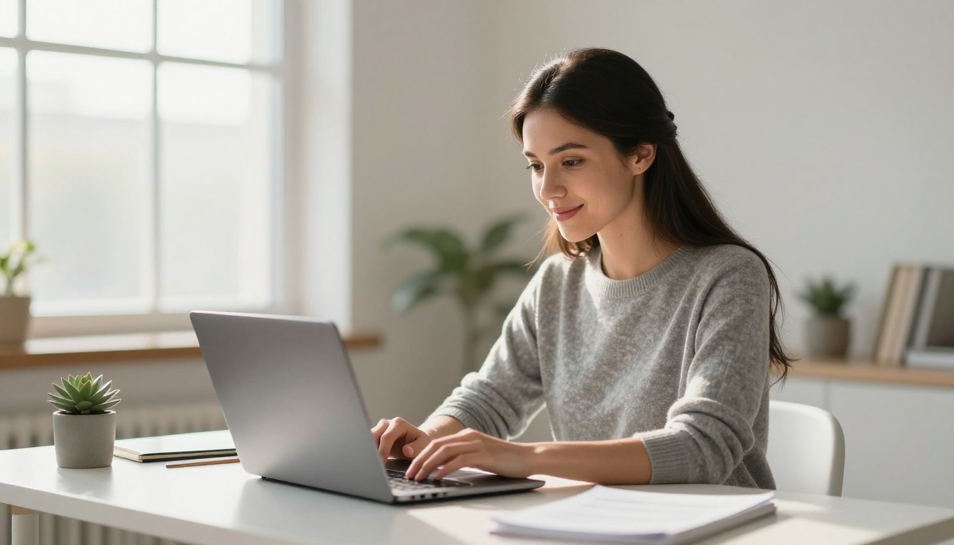 Young woman smiling while uploading a PDF to a laptop in a bright modern home office with morning window light