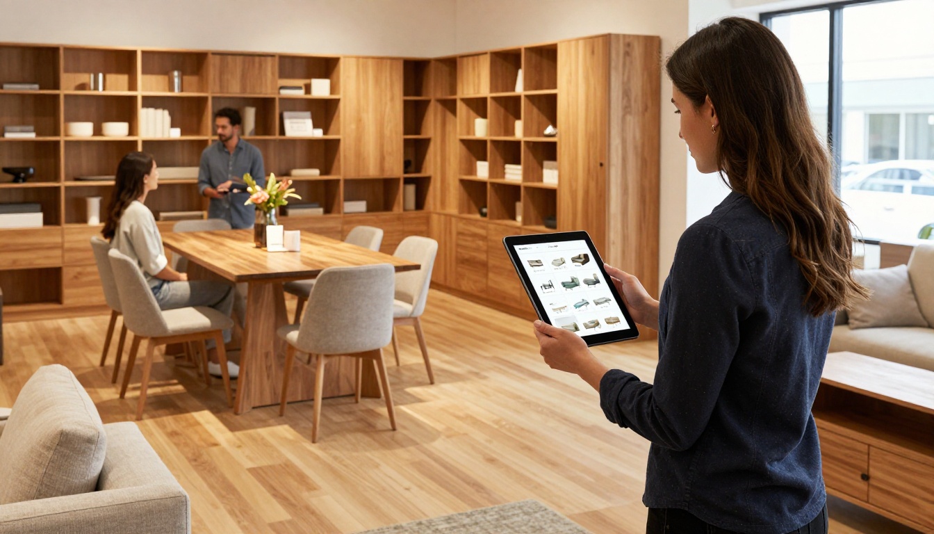 Modern furniture showroom where a sales associate holds a tablet showing a digital catalog to a browsing couple