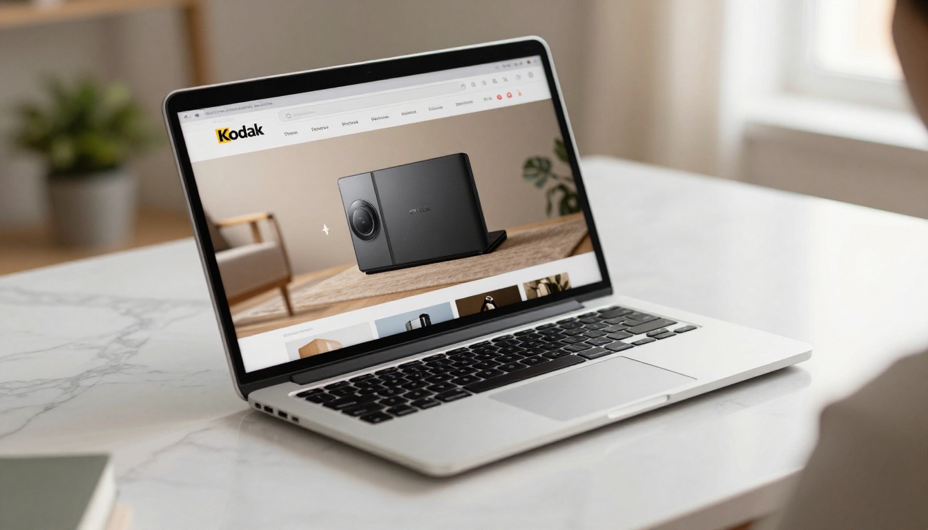 Laptop screen on white marble desk showing a digital product catalog with a page-turn animation mid-flip