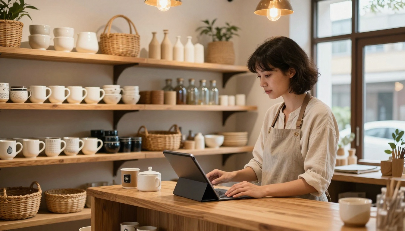 Small boutique shop owner in linen apron showing a customer a digital product lookbook on iPad with warm wooden shelves behind