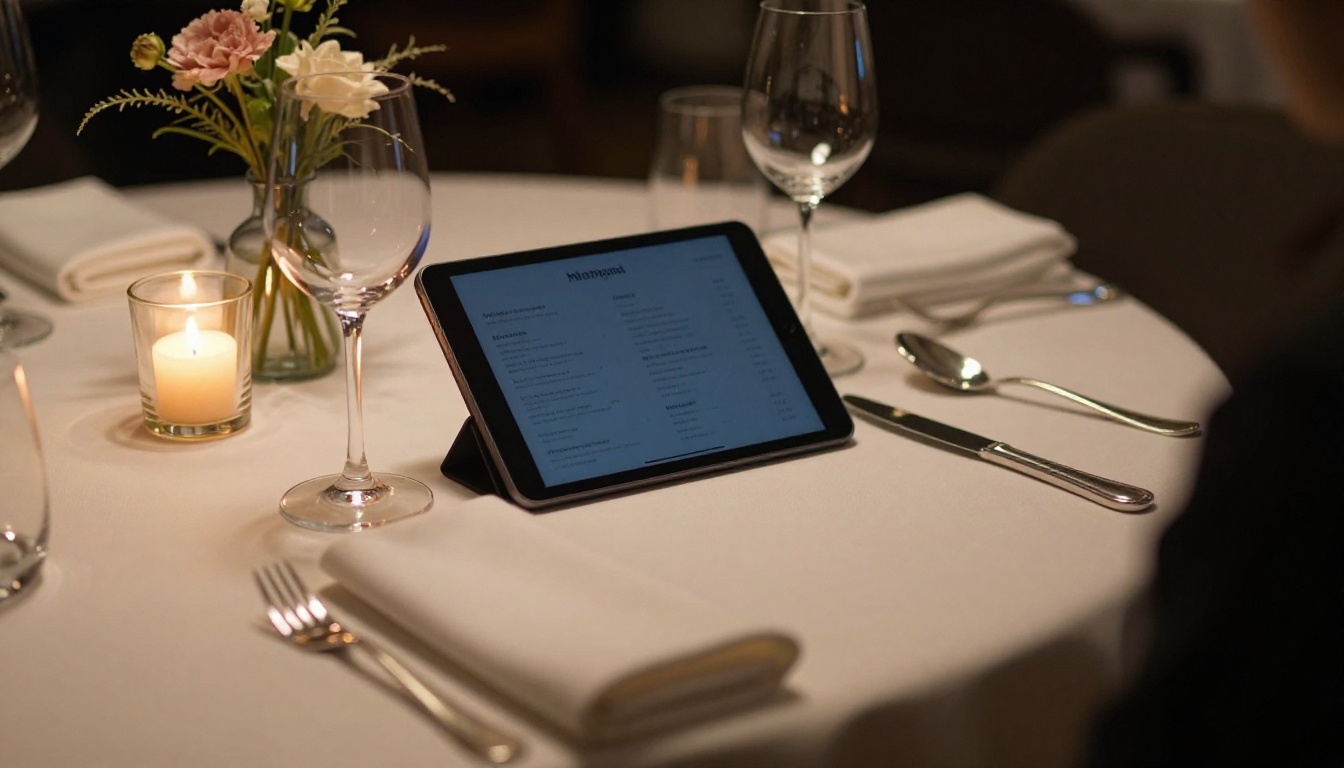 Elegant restaurant table setting with a digital menu on a tablet propped against a wine glass beside silverware and a candle