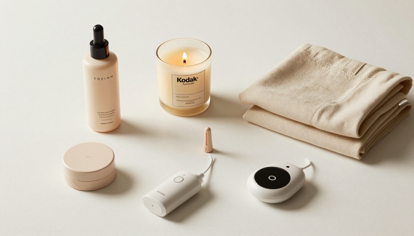 Professional e-commerce product photography flatlay with diverse consumer products arranged on a clean white surface