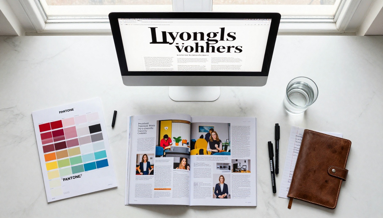 Designer workspace with magazine layout open on MacBook surrounded by color swatches and design materials