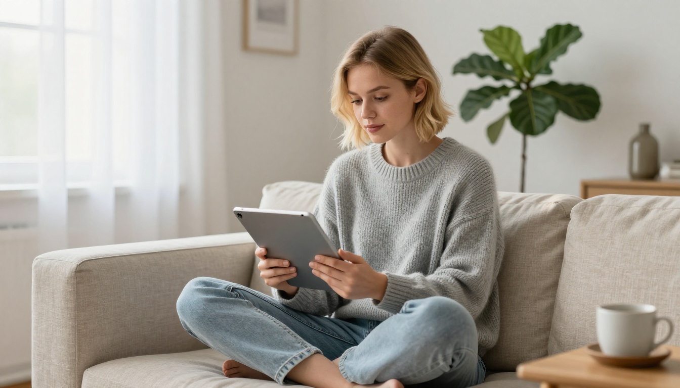 Young woman reading a digital magazine on a tablet while relaxing on a linen sofa in a bright Scandinavian apartment
