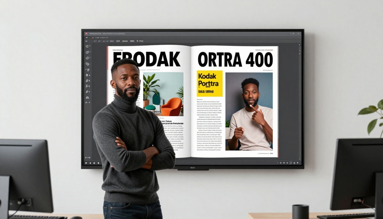 Creative director reviewing a digital magazine spread on a large wall-mounted display in a modern editorial office